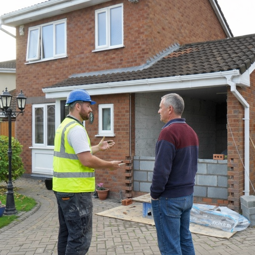 Homeowner talking about his garage conversion with his builder in Thanet