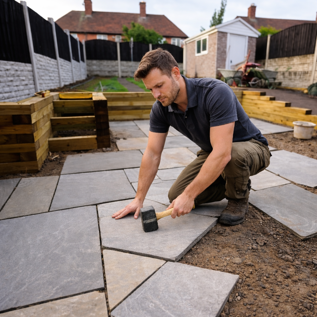 Groundworker/ Landscaper laying a patio in a back garden in Thanet