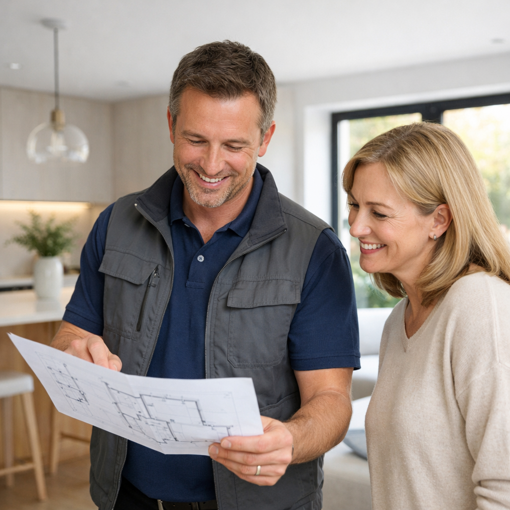 Builder discussing the building plans with the lady homeowner in Thanet