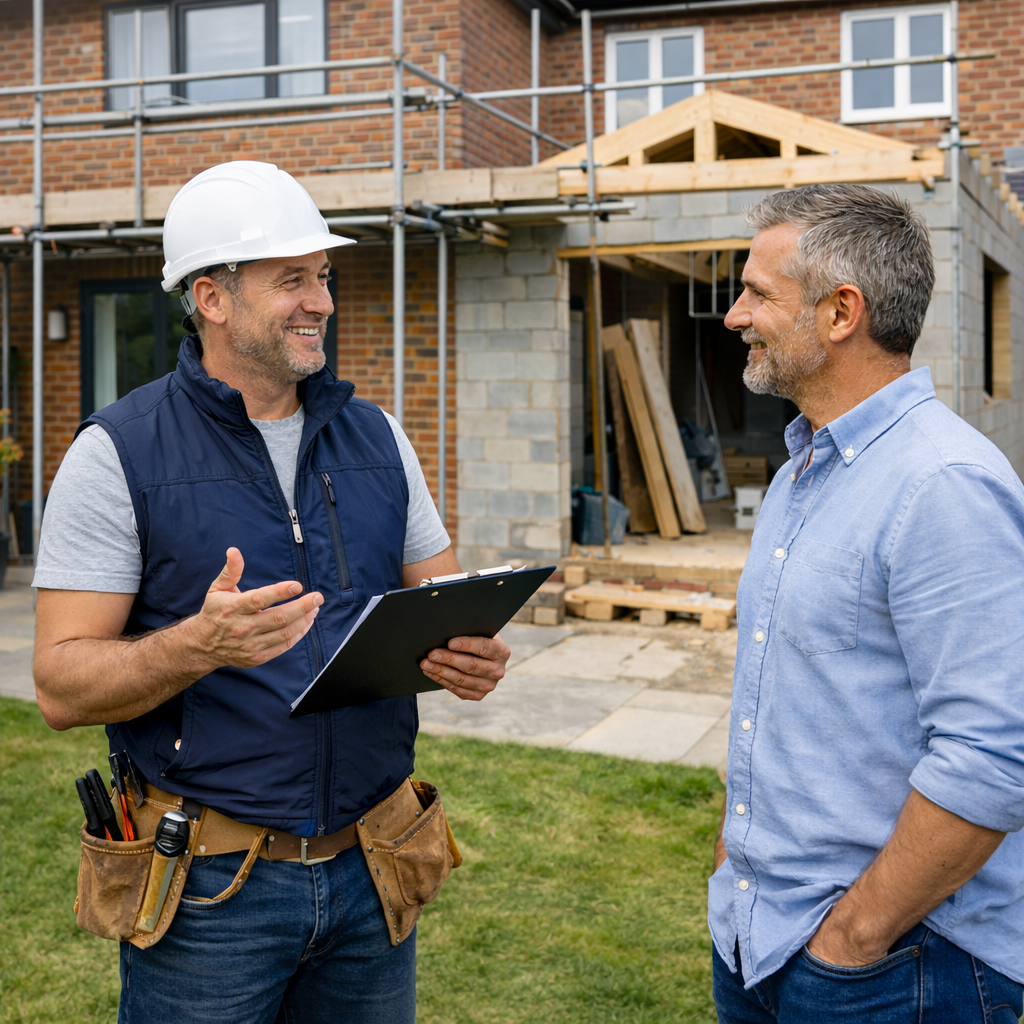 Homeowner discusiing his house extension with his builder in Ramsgate